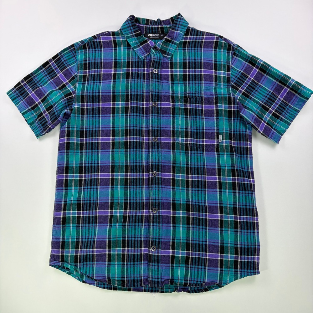 Outdoor Research Weisse Plaid Shirt Mens M Teal Purple Hemp Cotton S/S Button
